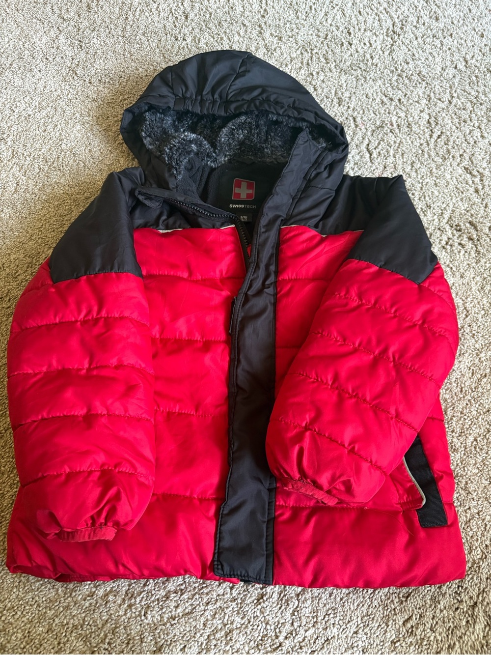 Swiss Tech Red and Black Kids Puffer Jacket with Hood